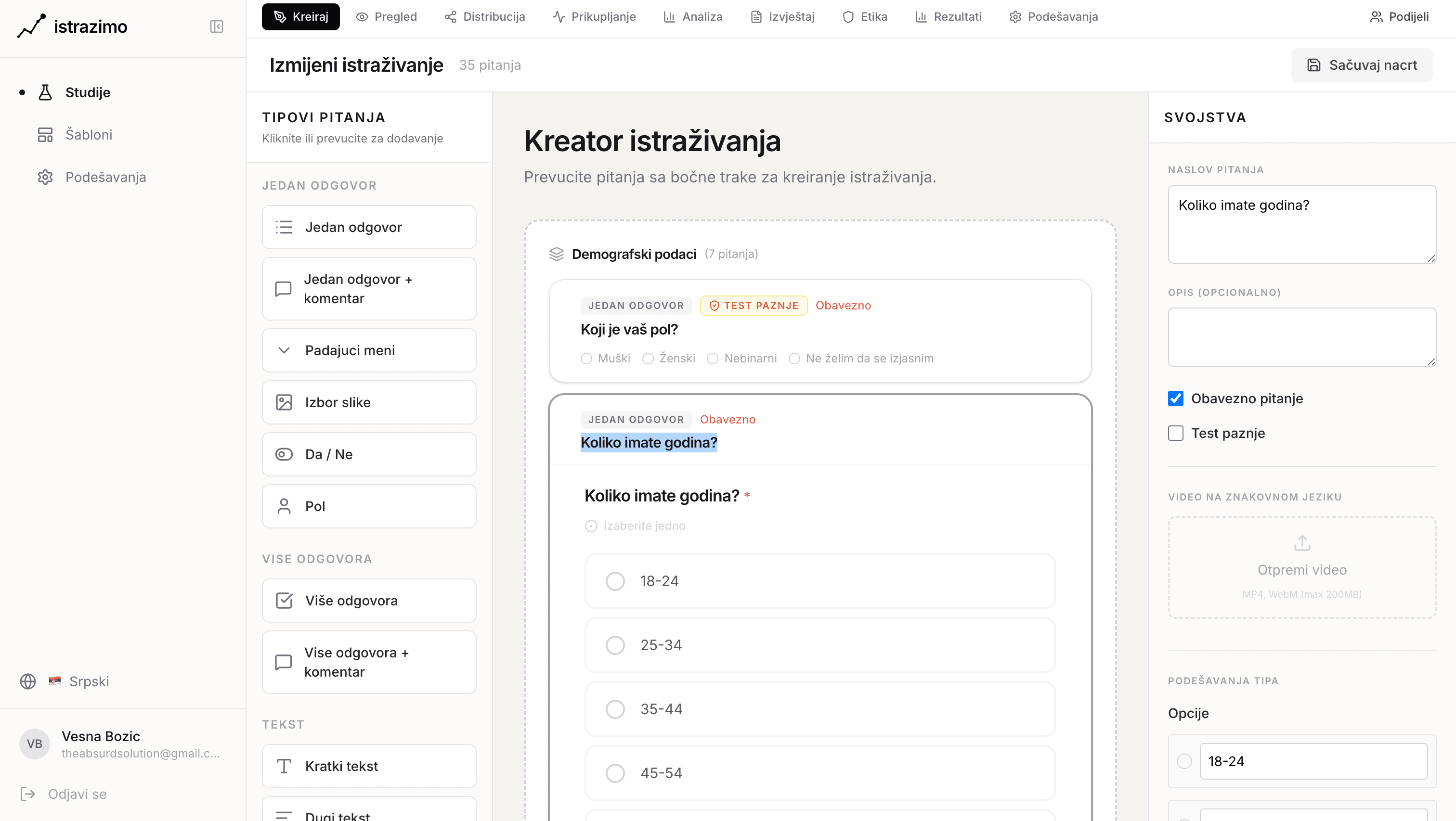 Istražimo survey builder - drag and drop editor sa 34 tipa pitanja