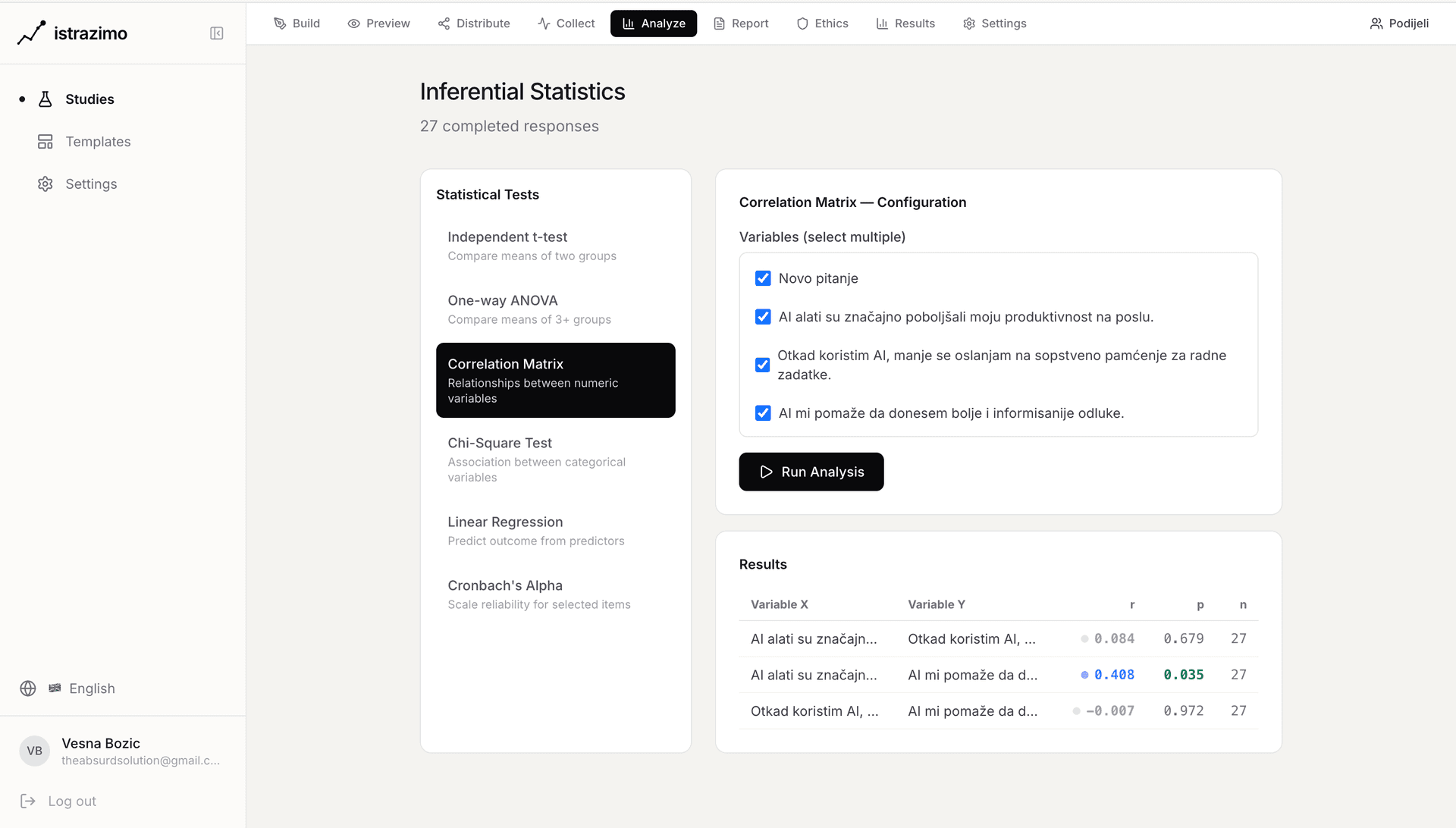 Korelaciona matrica u Istražimo platformi