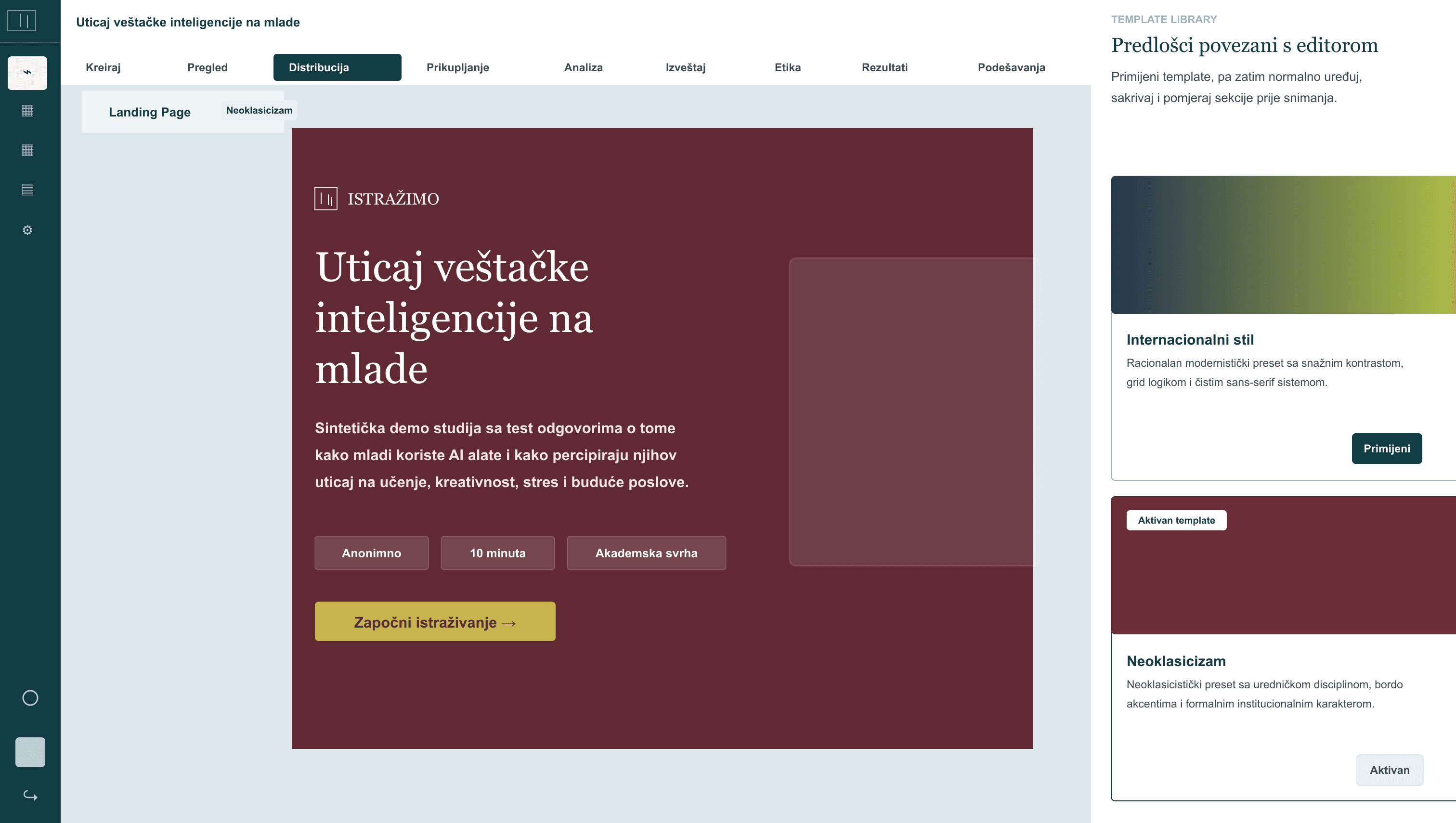 Landing page builder za regrutovanje ispitanika