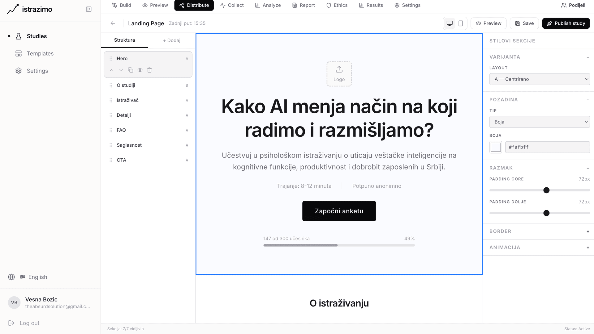 Landing page builder za akademska istraživanja - profesionalna stranica za regrutovanje ispitanika