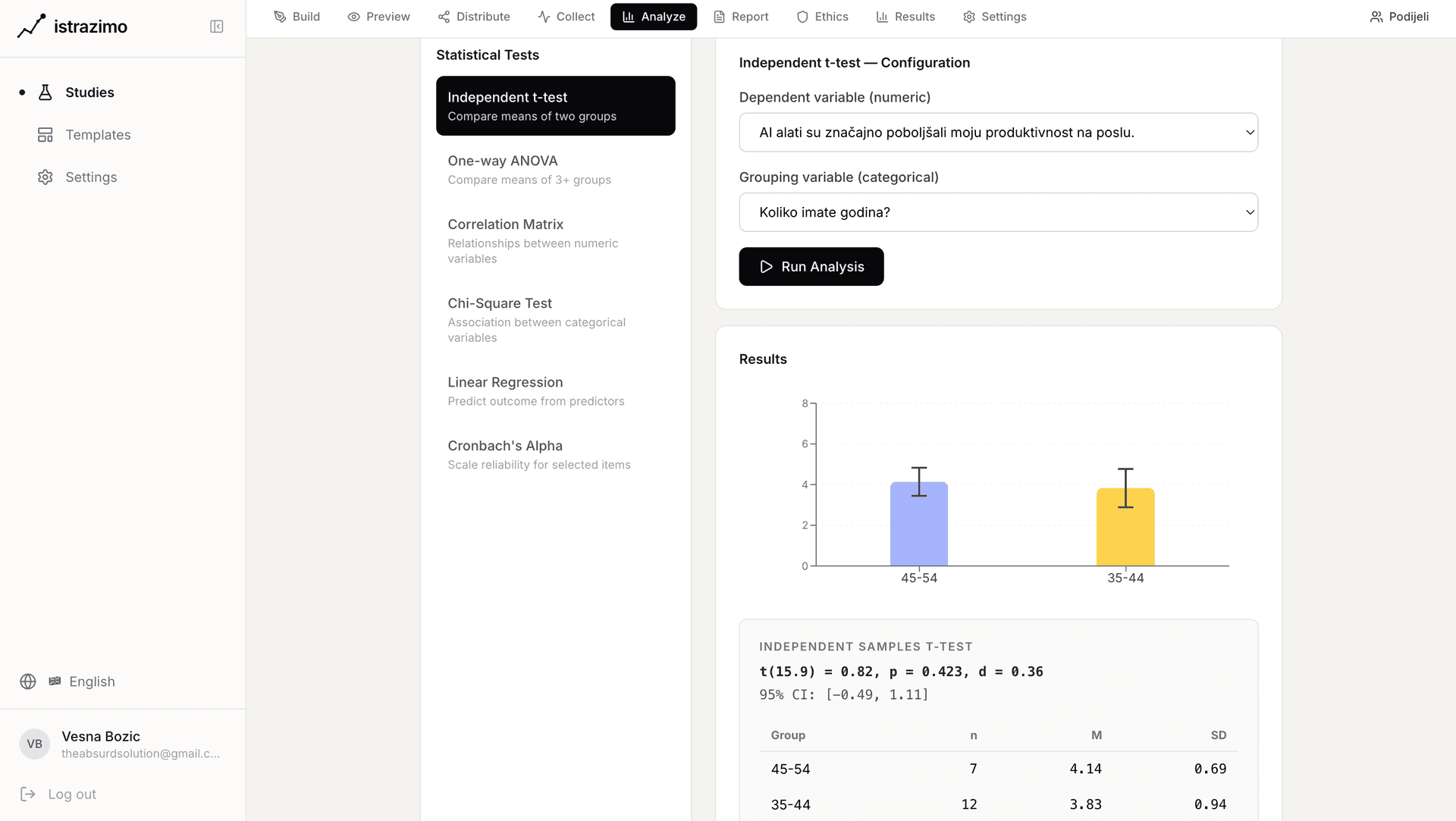 Statistička analiza u Istražimo - t-test, ANOVA, korelacija sa APA formatiranjem